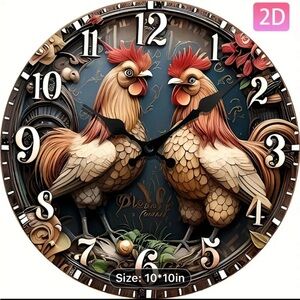 Decorative Rooster Wall Clock - Brown and Blue 2D